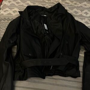 Fashion Nova Black Leather Cropped Jacket with Belt